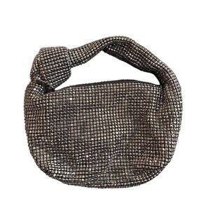 Madison West Rhinestone Hobo Bag Knotted Handle Crystal Mesh Evening Bag Silver